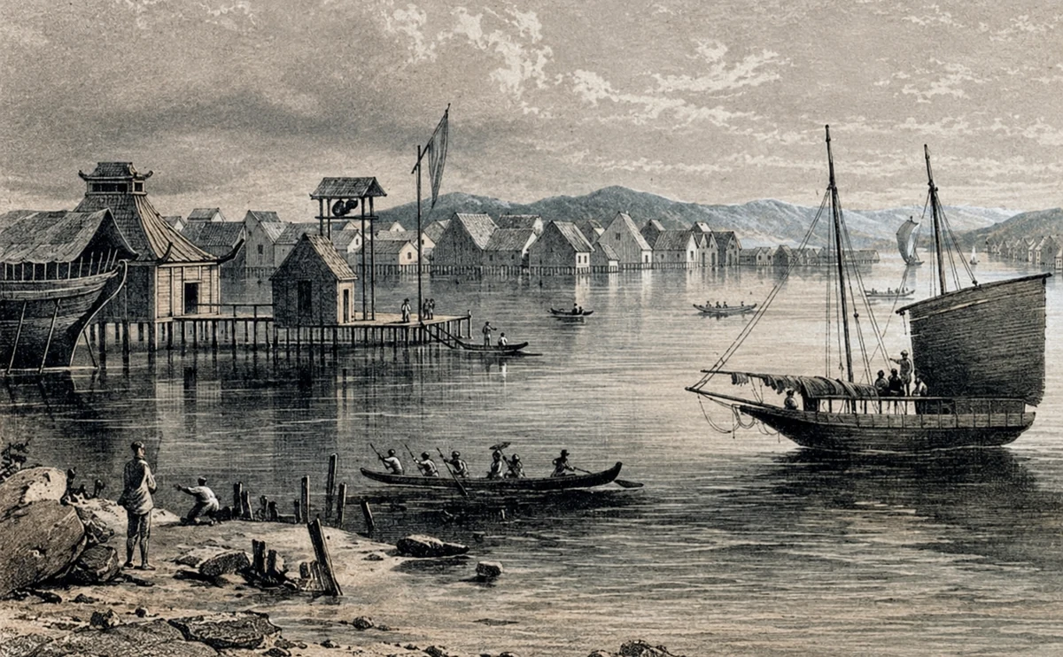 Vista de Brunéi desde el río a mediados del siglo XIX