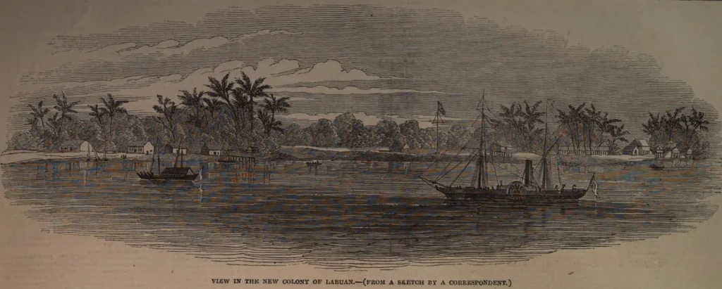 Vista de la colonia británica de Labuán en 1848, con el vapor Phlegethon frente a la costa.