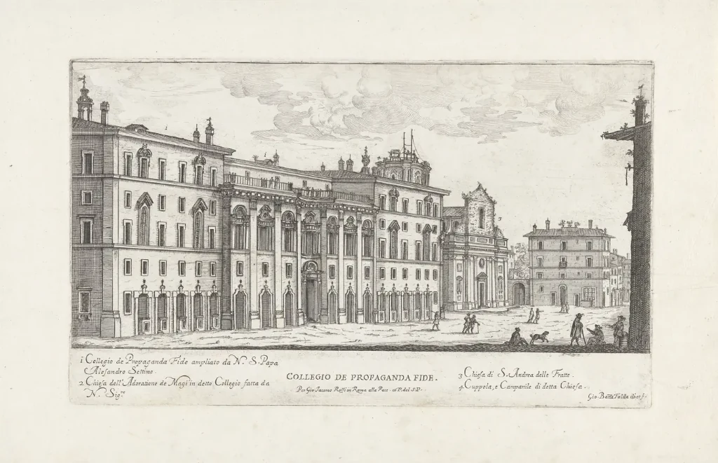 Grabado del Colegio de Propaganda Fide en Roma realizado por Giovanni Battista Falda en 1665.