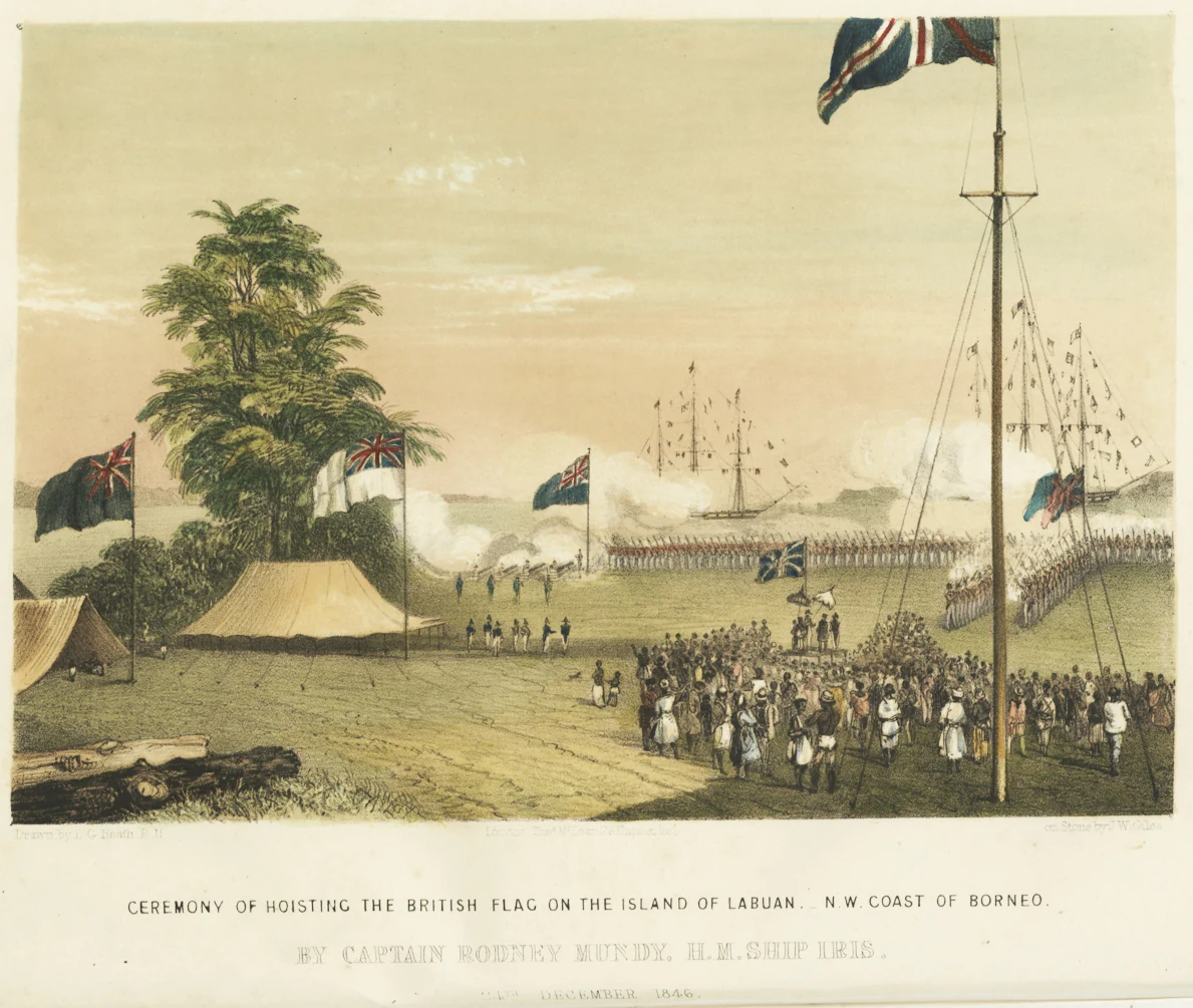 Izado de la bandera británica en Labuán en 1846