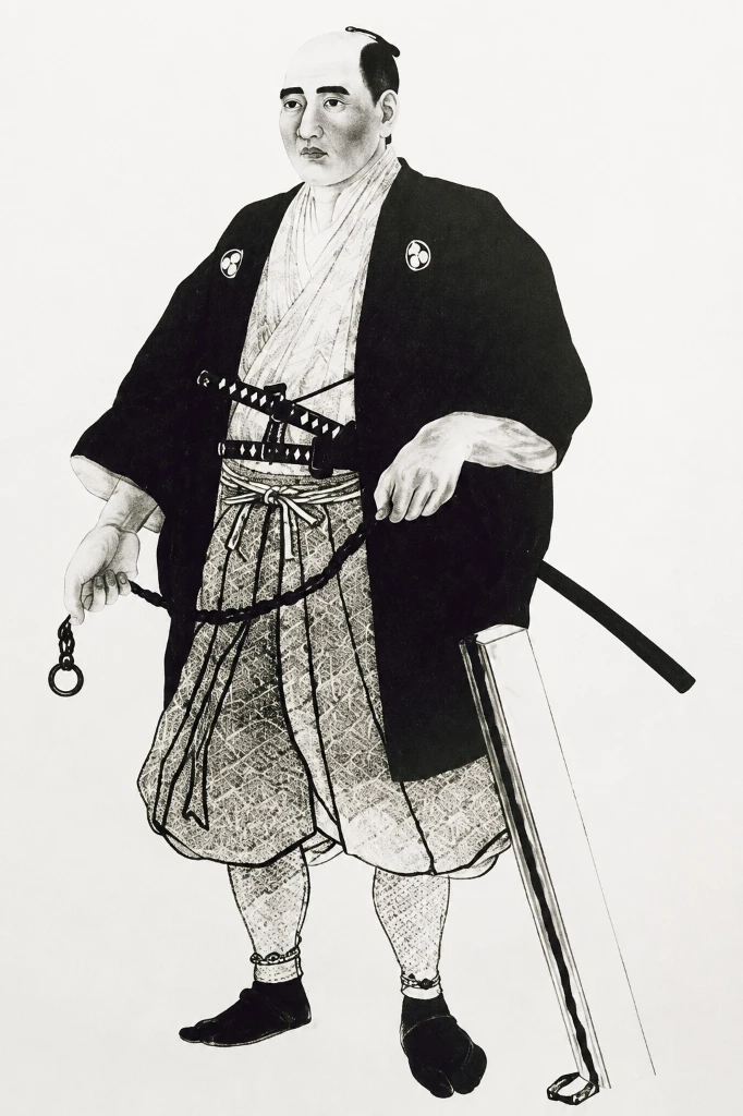 Retrato póstumo de Mamiya Rinzō con indumentaria de viaje y una cadena de medición.