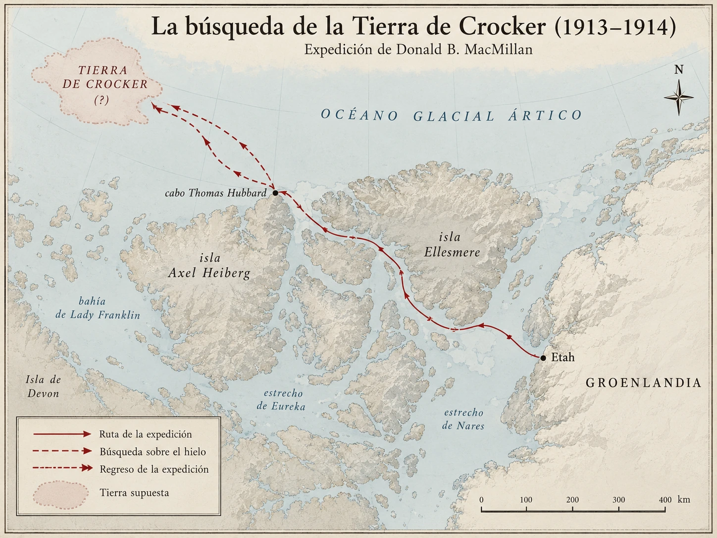 La búsqueda de la Tierra de Crocker (1913-1914). Itinerario de la expedición de Donald B. MacMillan desde Etah hasta el océano Glacial Ártico y situación aproximada de la tierra que Robert Peary afirmó haber descubierto en 1906.