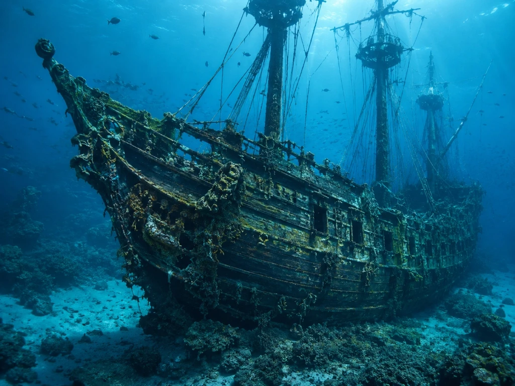Recreación figurativa de un galeón español hundido bajo el mar