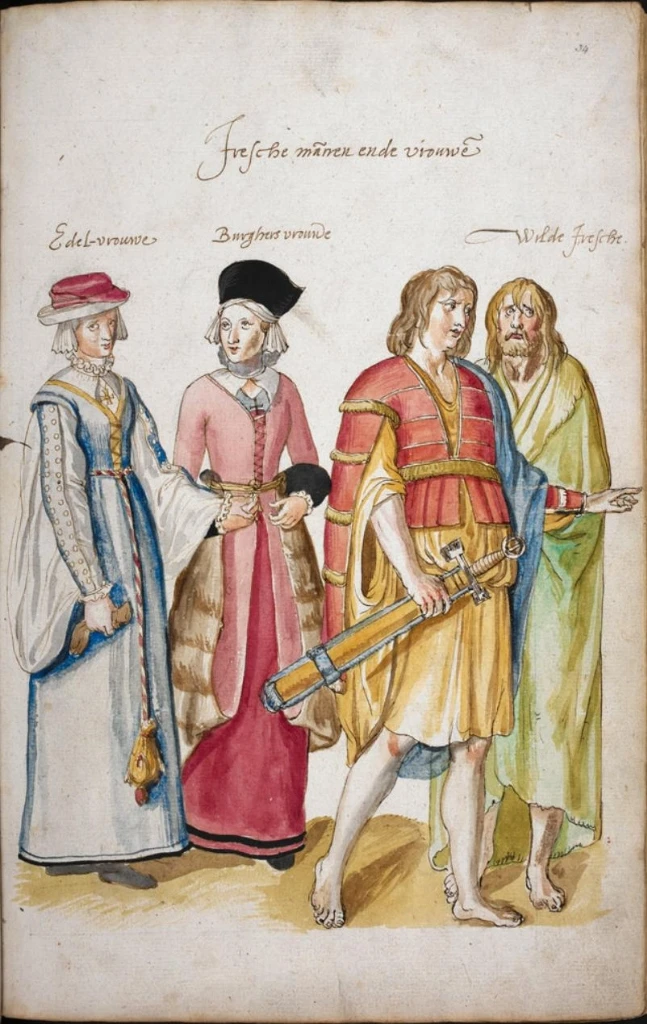 Hombres y mujeres de Irlanda representados por Lucas de Heere hacia 1575